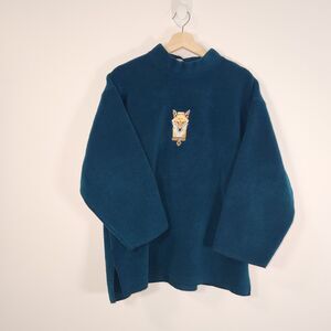 Maralyce Ferree Teal Fleece Turtleneck Pullover Fox Embroidery S/M Made in Maine